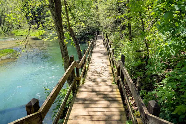 foot bridge next to clear spring at a state park near columbia missouri