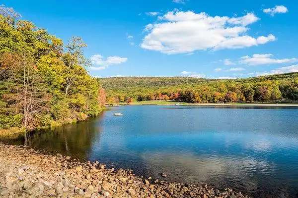 fall colors around a lake in a state park near frederick maryland