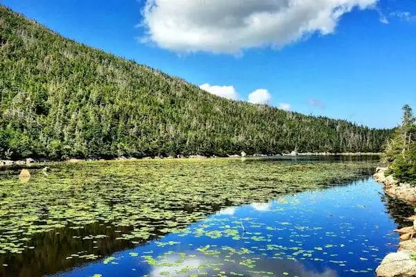 hillside and clouds reflected in the water in a state park in new hampshire