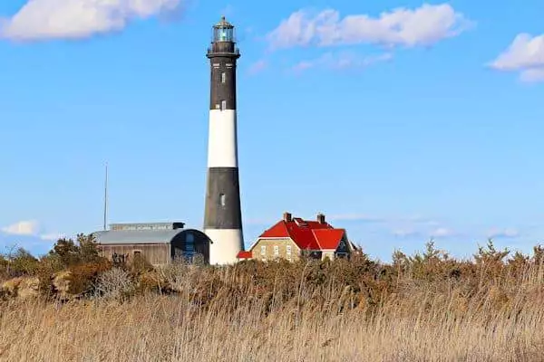 striped lighthouse in a state park near new york city