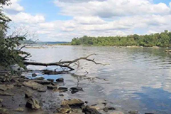 A serene state park exhibiting a picturesque body of water adorned with rocks and trees in the background.