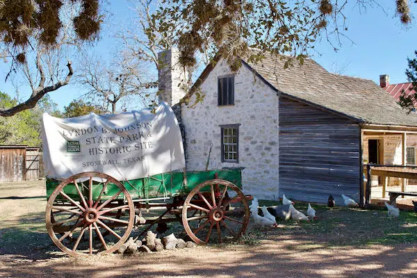 covered wagon in a state park near marble falls texas