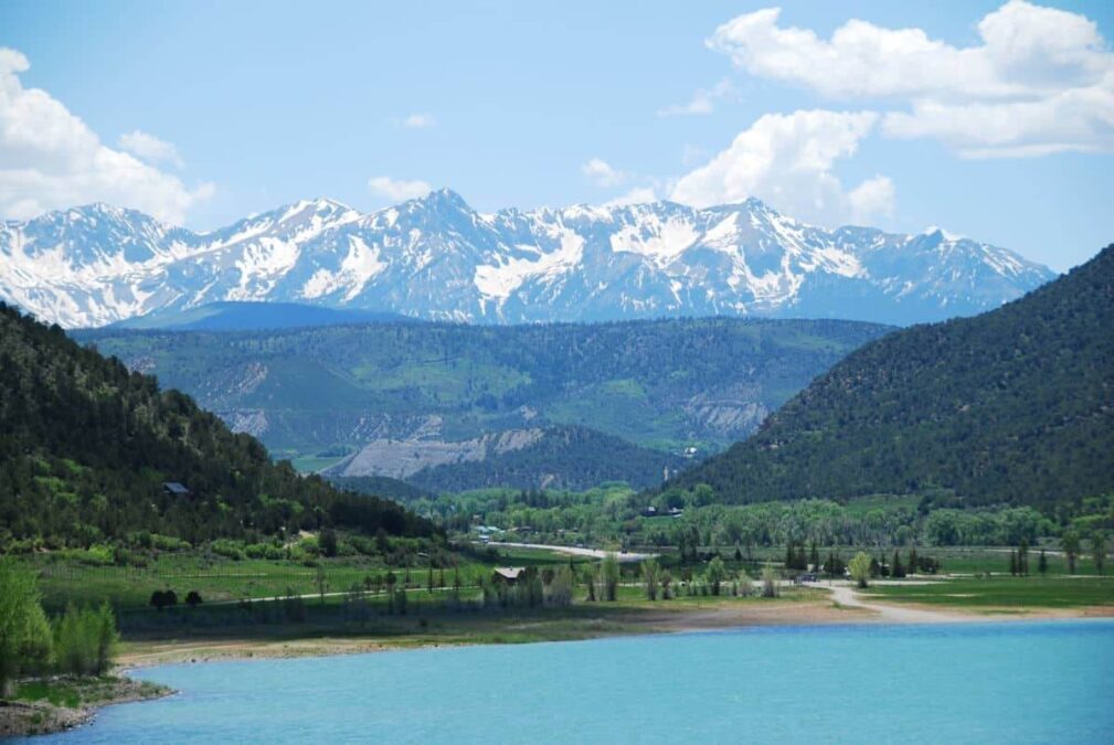 mountains behind a reservoir at a state park near durango colorado