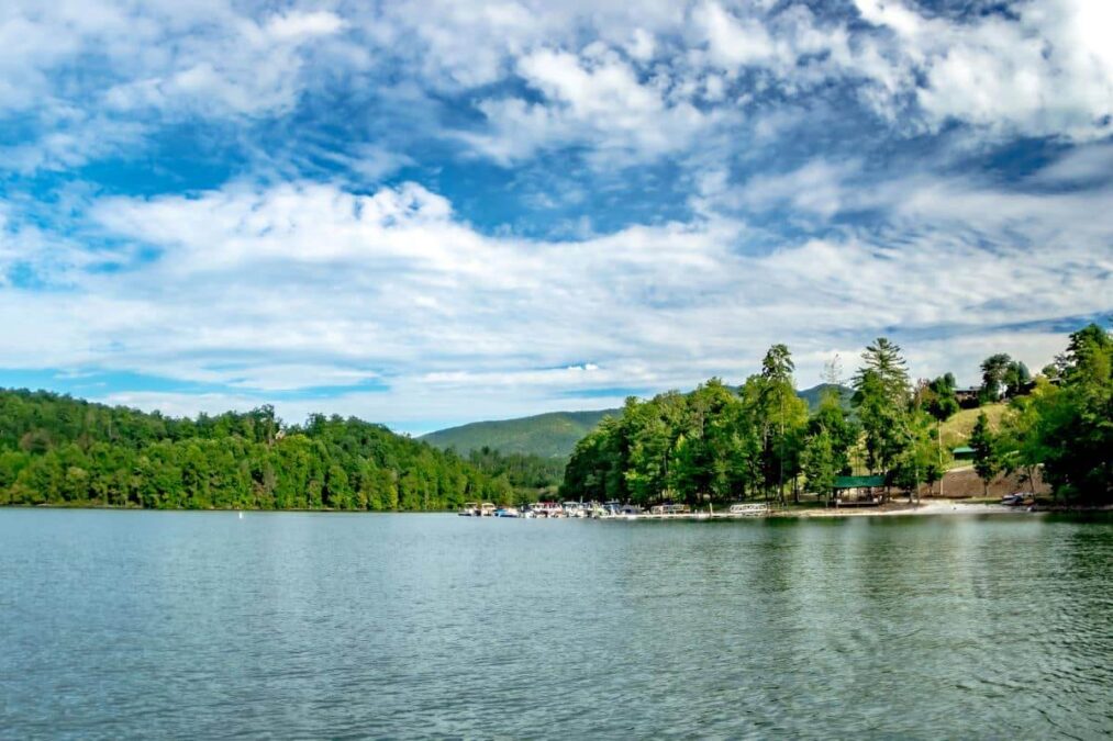 lake and beach area in a state park near highlands north carolina