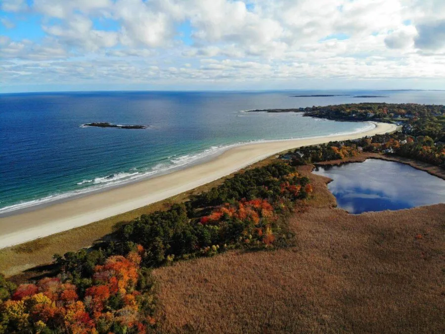 Aerial view of colorful autumn foliage over the Scarborough Beach State Park