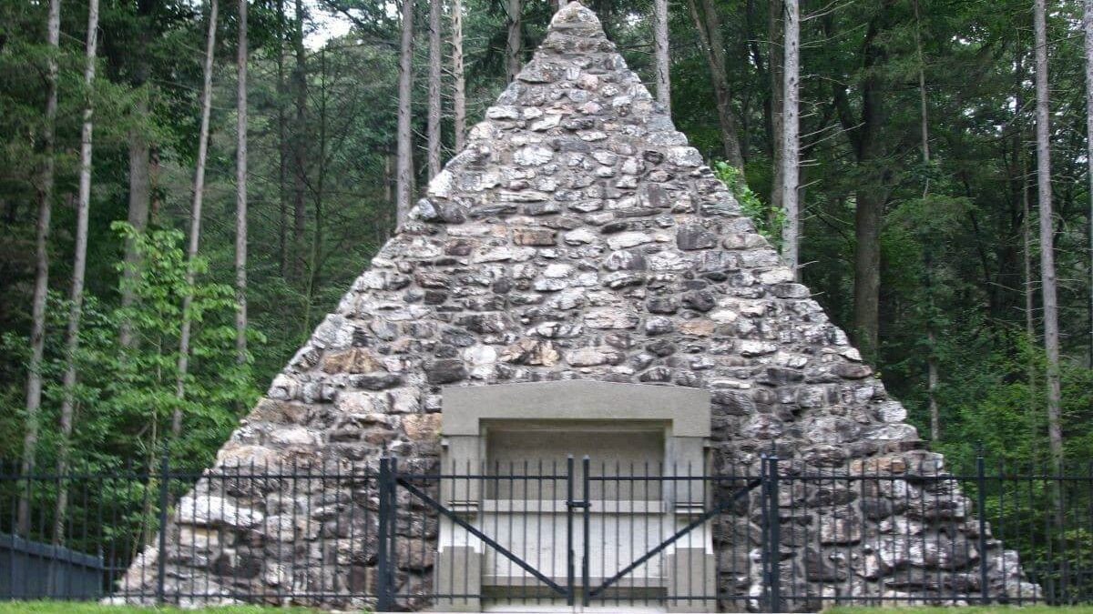 Stone pyramid marking the site of the birthplace of President James Buchanan in Buchanan's Birthplace State Park in Franklin County, Pennsylvania, USA.
