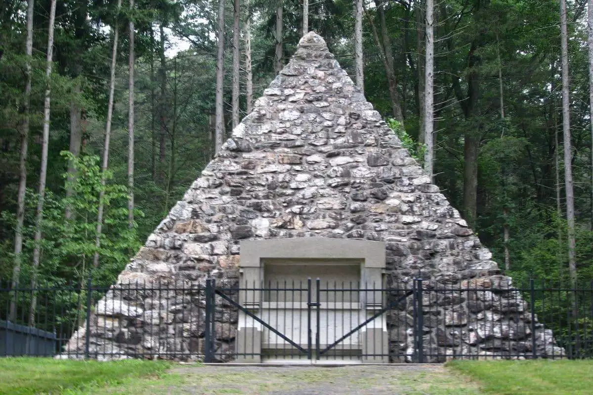 Stone pyramid marking the site of the birthplace of President James Buchanan in Buchanan's Birthplace State Park in Franklin County, Pennsylvania, USA.