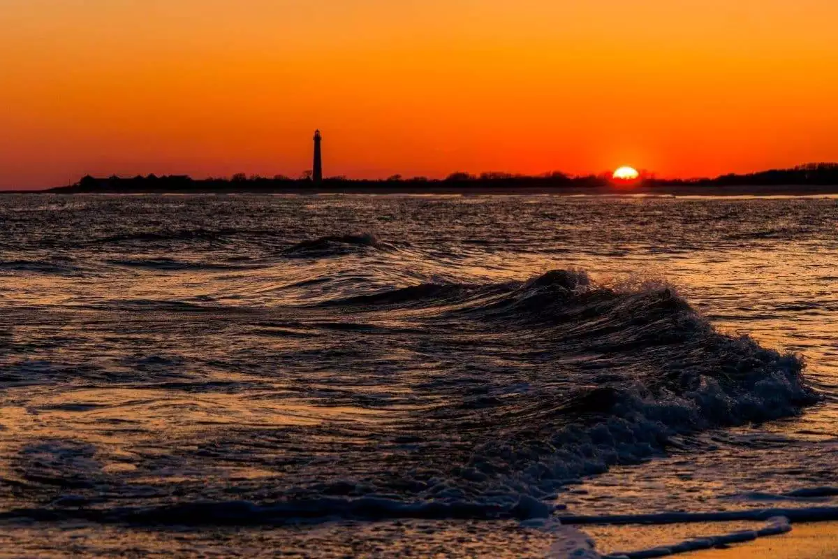 Cape May Point State Park 2 The Cape May Point Lighthouse and waves on the Atlantic at sunset