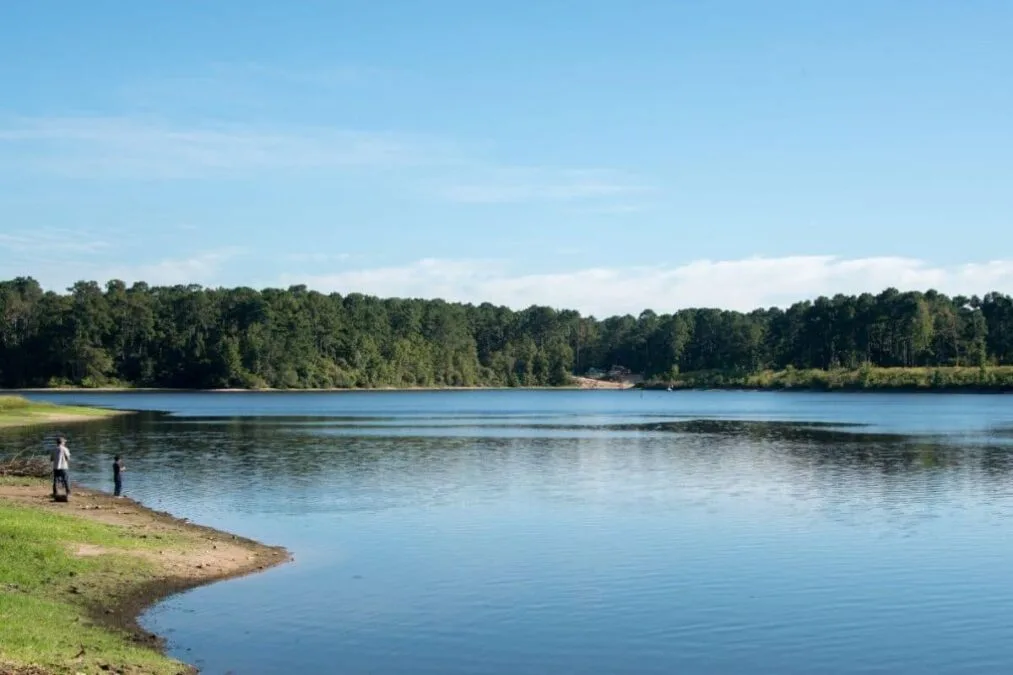 two people fishing on the shore of the lake at Huntsville State Park