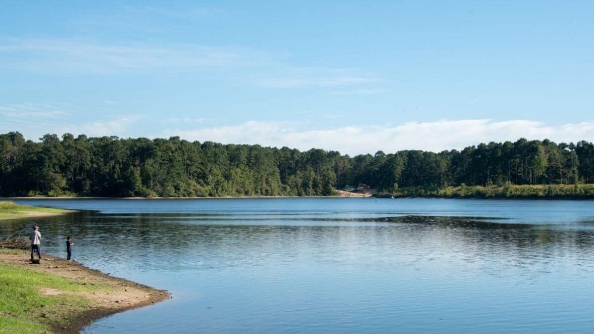 two people fishing on the shore of the lake at Huntsville State Park