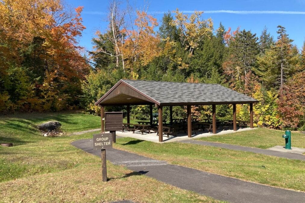 Peaks-Kenny State Park 10 pavilion at Peaks-Kenny State Park with sign that says group shelter