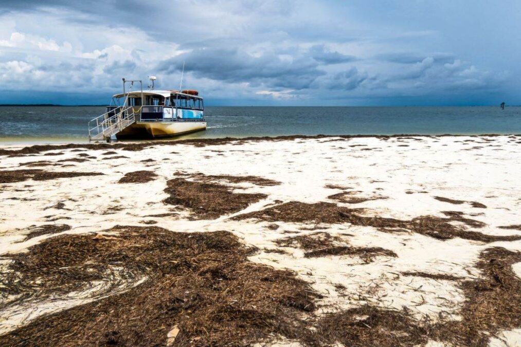 Anclote Key Preserve State Park beach with storm clouds racing in from horizon behind boat onshore