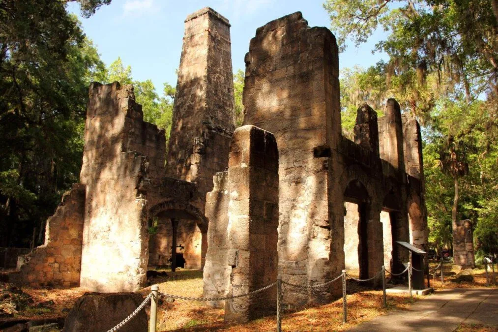 Ruins behind a fence at Bulow Plantation Ruins Historic State Park