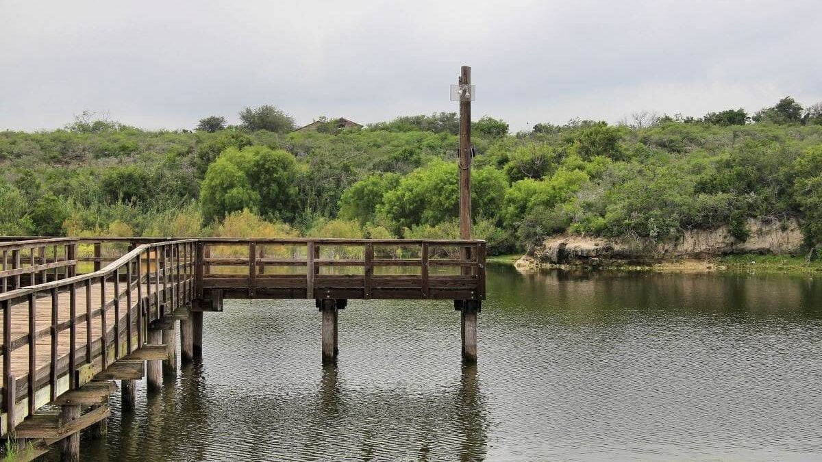 A fishing pier in Lake Corpus Christi State Park in San Patricio County, Texas, United States.