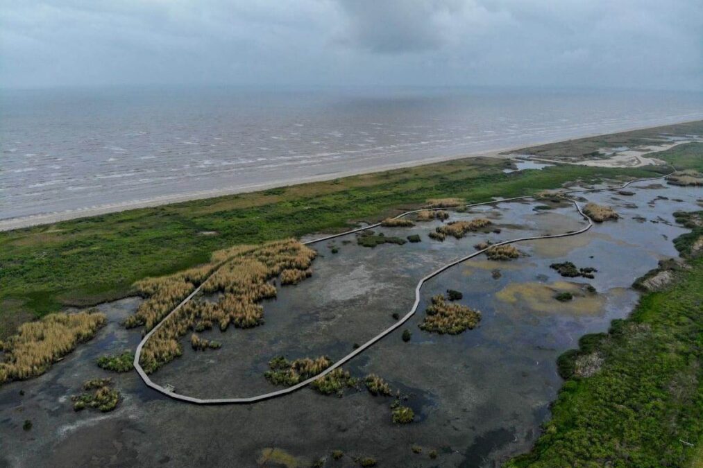 aerial view of the Gambusia Marsh Boardwalk at Sea Rim State Park