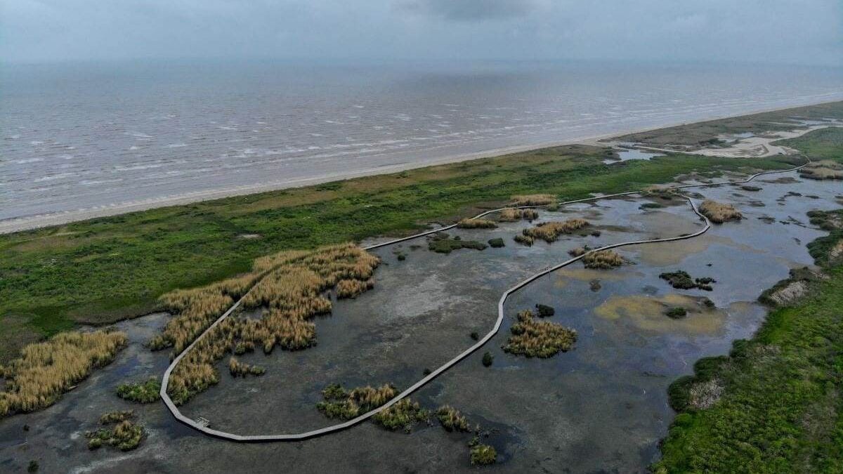 aerial view of the Gambusia Marsh Boardwalk at Sea Rim State Park