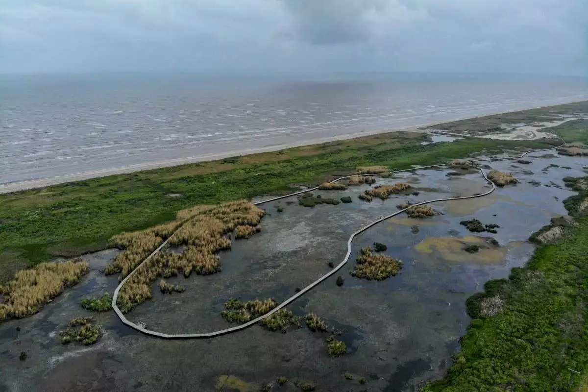 aerial view of the Gambusia Marsh Boardwalk at Sea Rim State Park