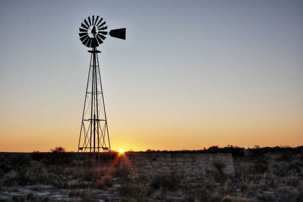 Windmill at sunrise at Seminole Canyon State Park in Texas