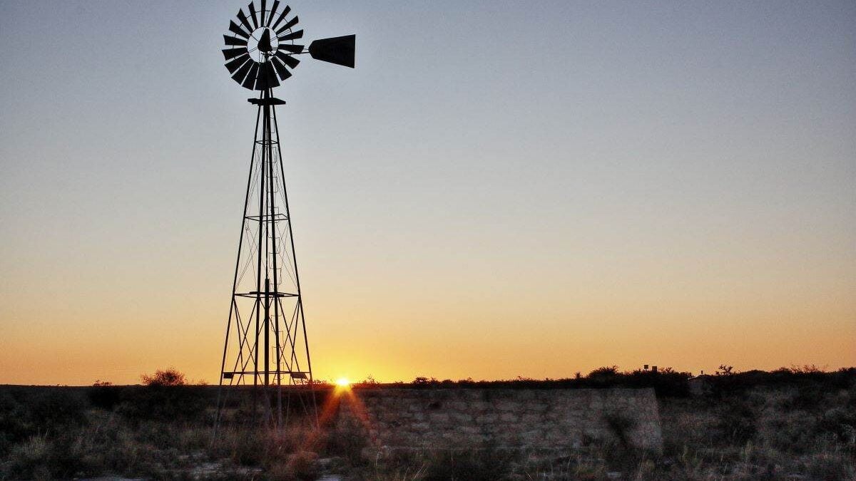 Windmill at sunrise at Seminole Canyon State Park in Texas