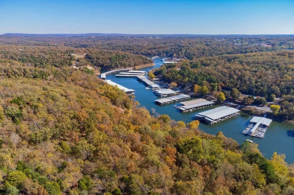 Aerial view of the boat docks during fall at Tenkiller State Park