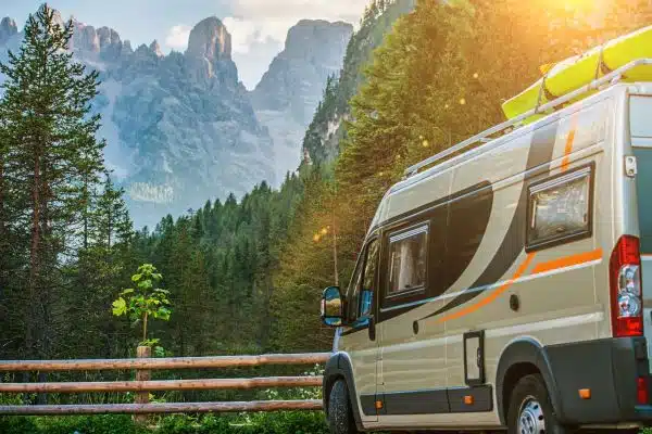 class B motorhome parked at a state park with a nice view