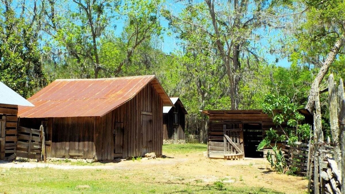 Historic farm buildings at Dudley Farm Historic State Park