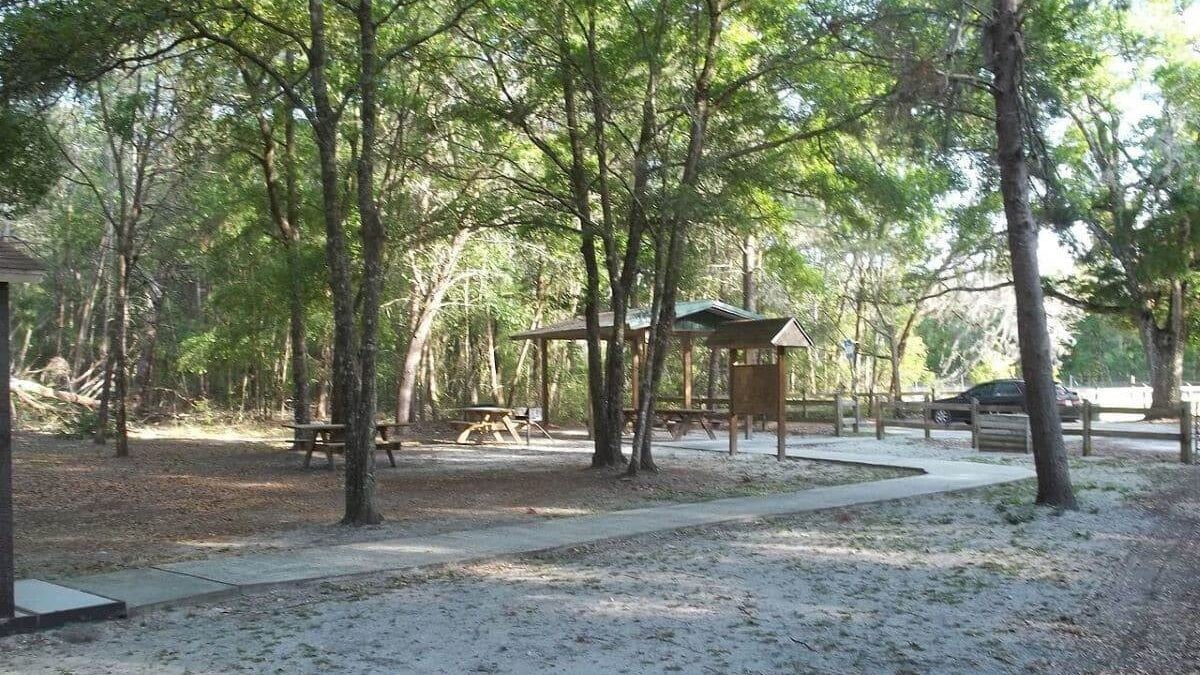 Pavilion and picnic tables at Dunns Creek State Park.