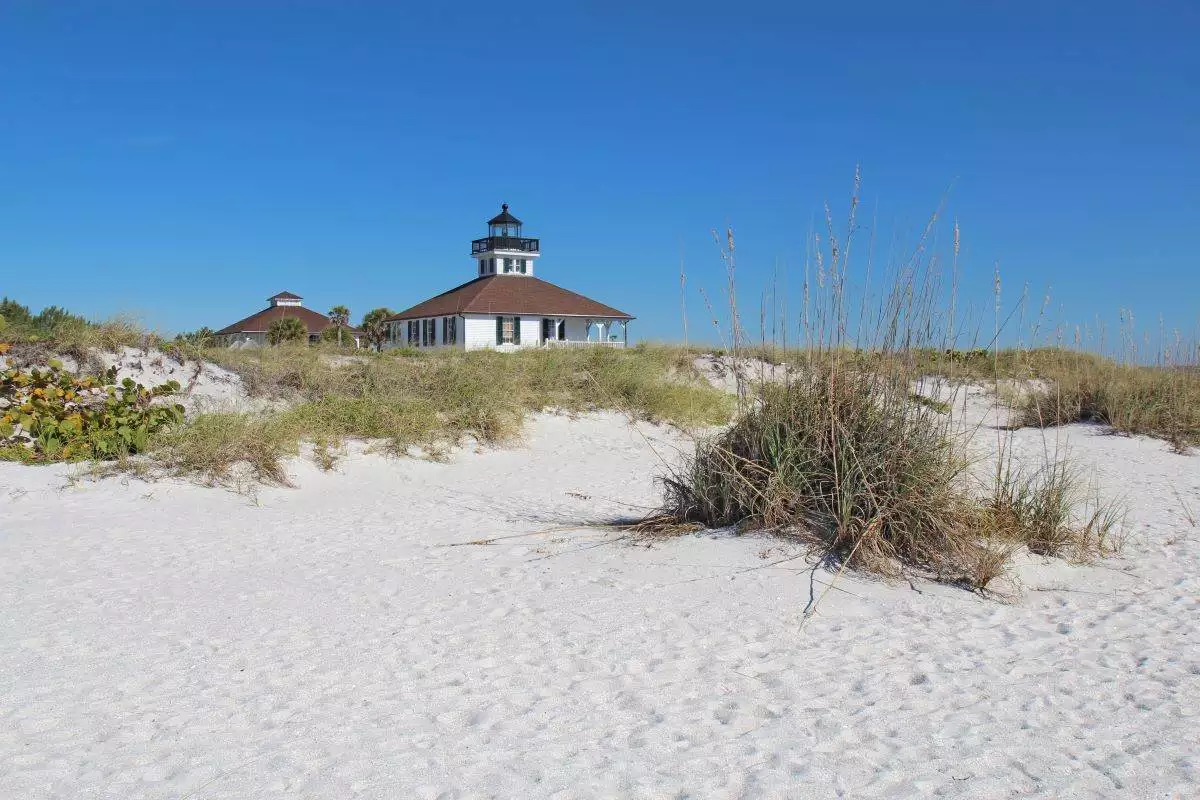 buildings behind the dunes at Gasparilla Island State Park
