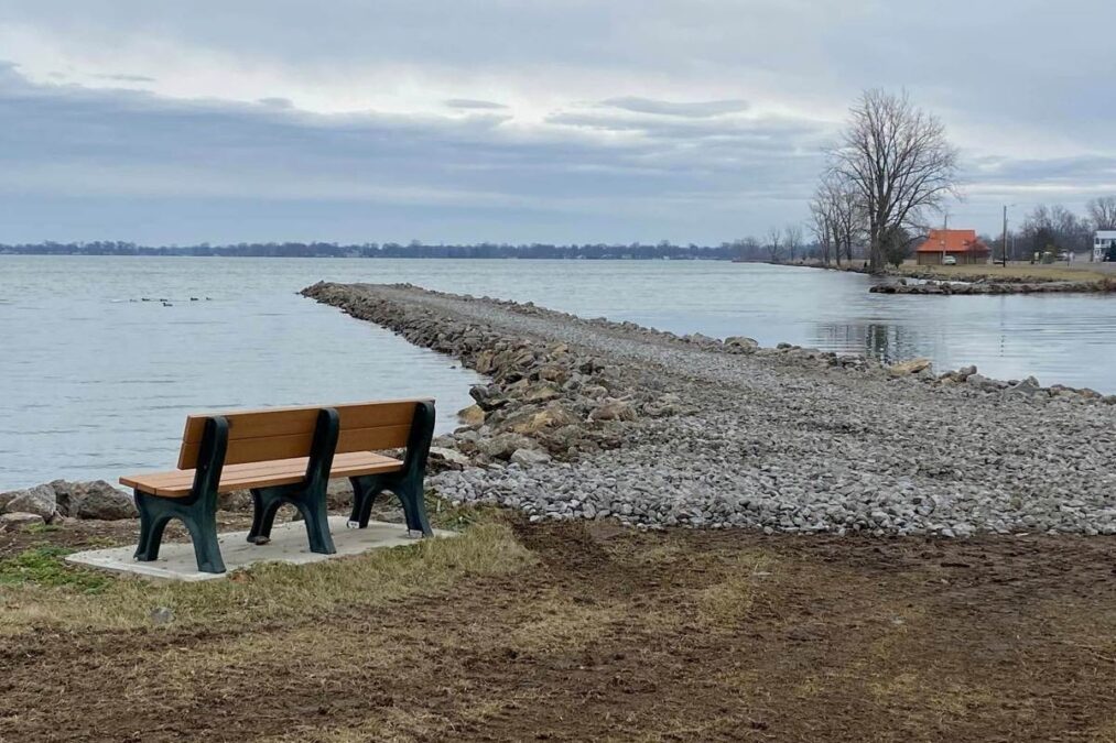 bench overlooking the jetty at Indian Lake State Park