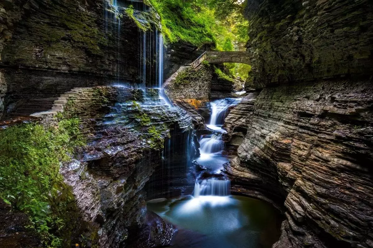 long exposure shot of Rainbow Falls Cascade at Watkins Glen State Park