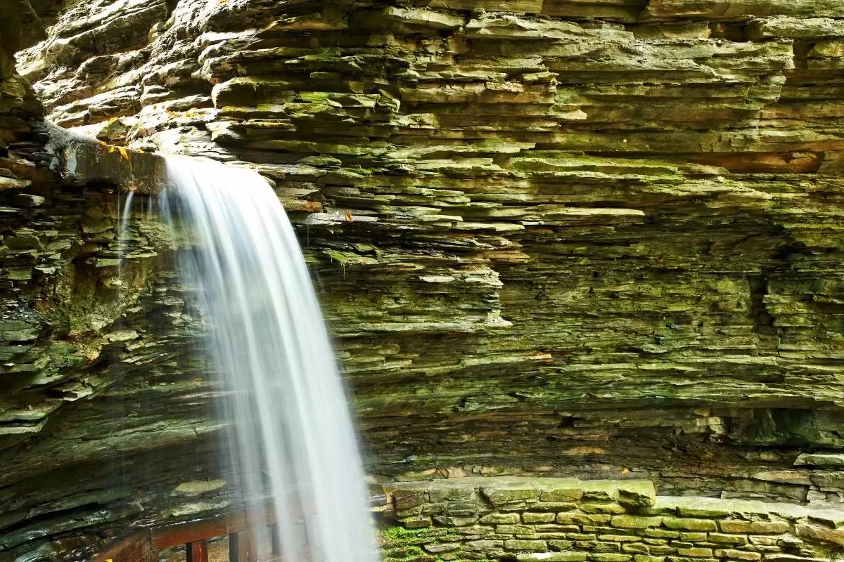 long exposure shot of a waterfall in a cave at Watkins Glen State Park