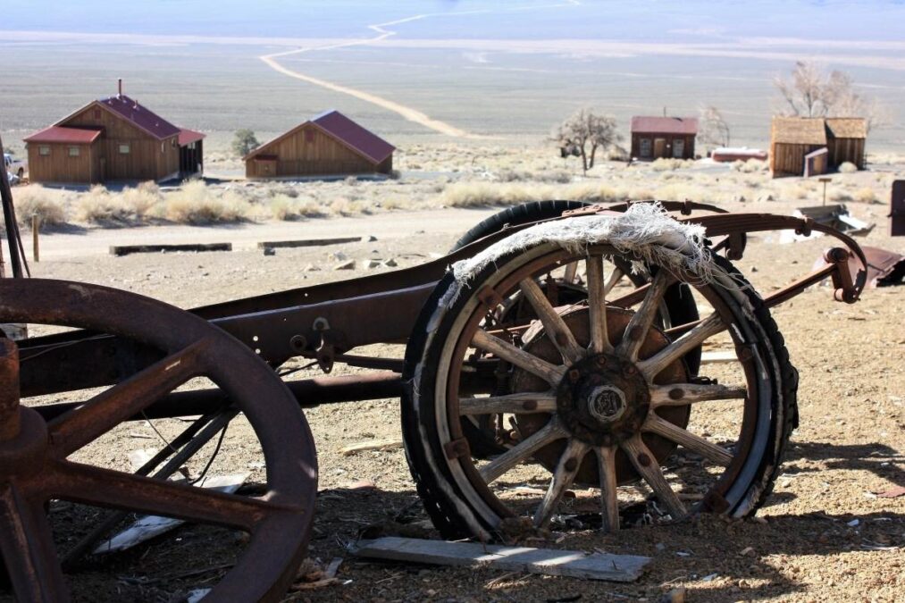 Old wooden trailer wheel found at an abandoned mining camp in Ichthyosaur State Park, Nevada