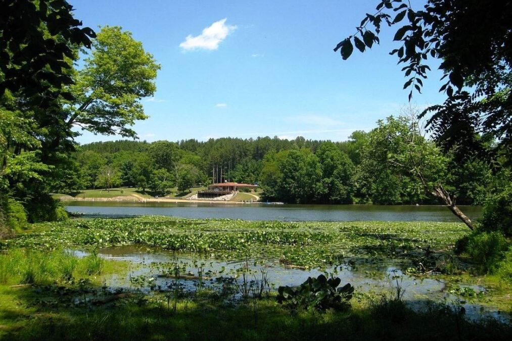 Public beach area viewed from across Cutler Lake at Blue Rock State Park