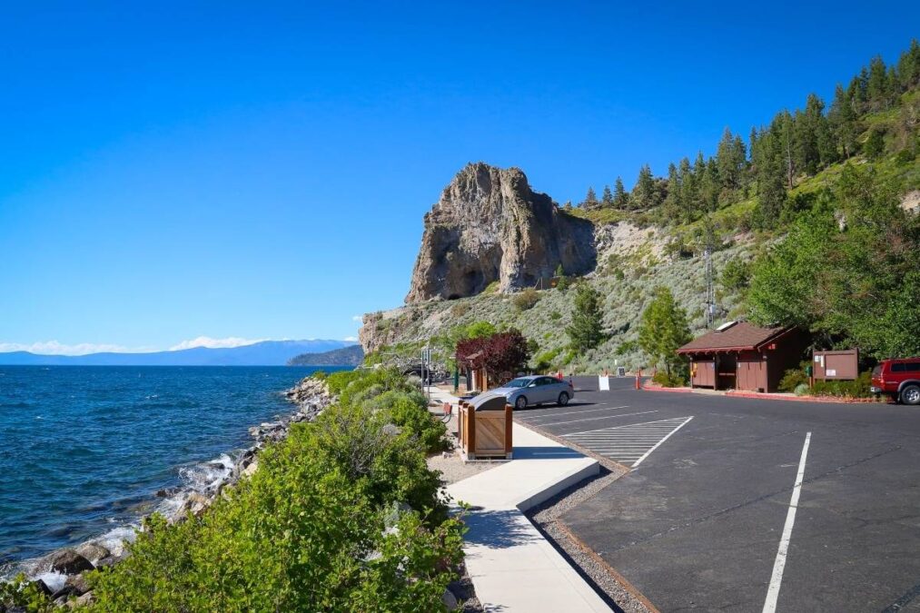 View of Cave Rock from the parking lot at Cave Rock State Park