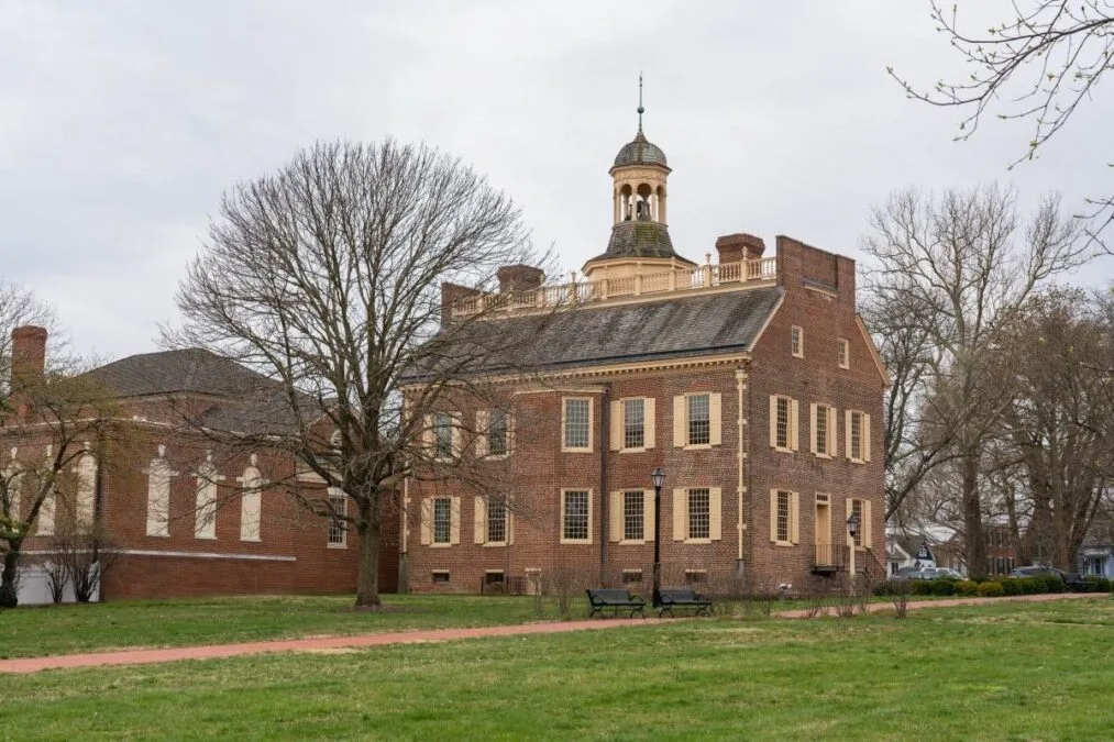 Approaching The Old State House of Delaware from behind which is located on The Green at Dover, Kent County, Delaware in the First State Heritage Park