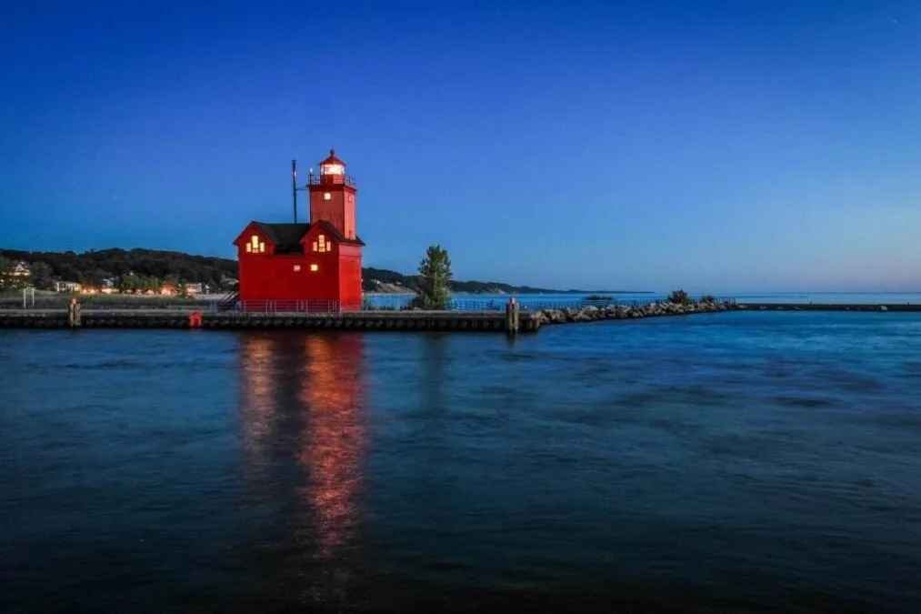 Holland State Park 38 red lighthouse at Holland State Park at night