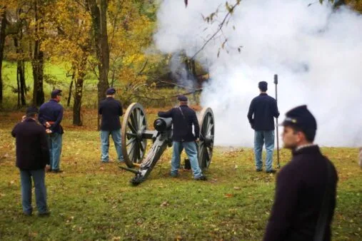 Johnsonville State Historic Park 34 soldiers fire a cannon at Johnsonville State Historic Park