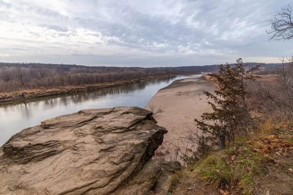view of the river at Ledges State Park from a cliff above