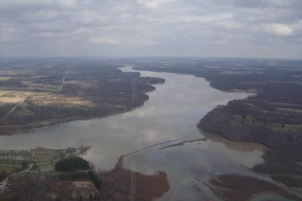 Aerial photograph of the western end of Rocky Fork Lake in Rocky Fork State Park