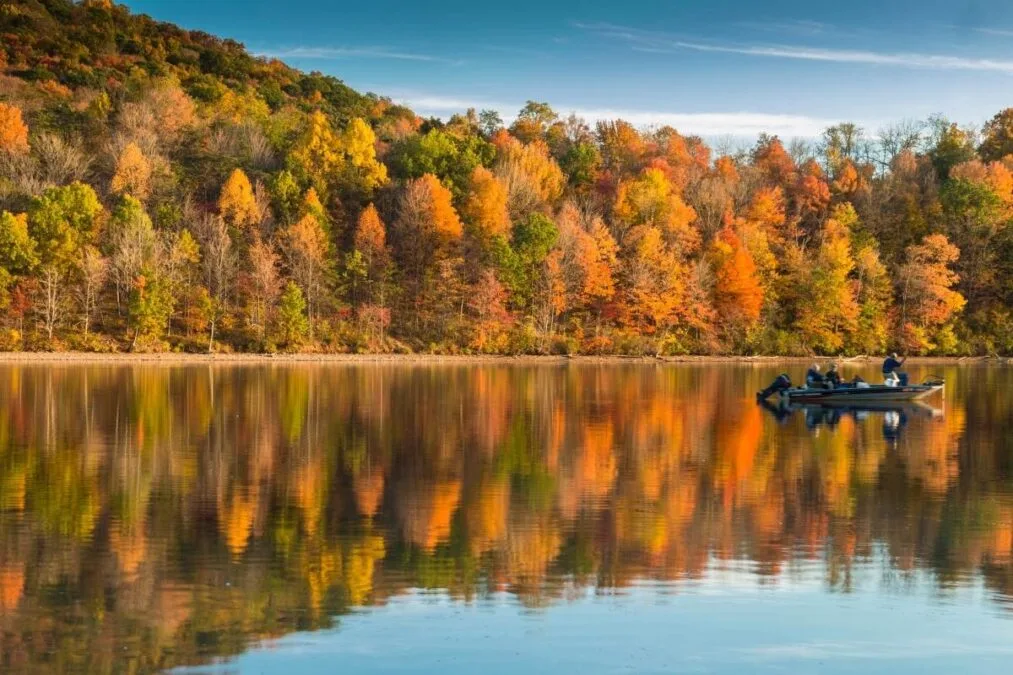 eflection of vibrant colorful peak autumn foliage of trees in the serene Lake Habeeb in Rocky Gap State Park in Western Maryland Allegany county