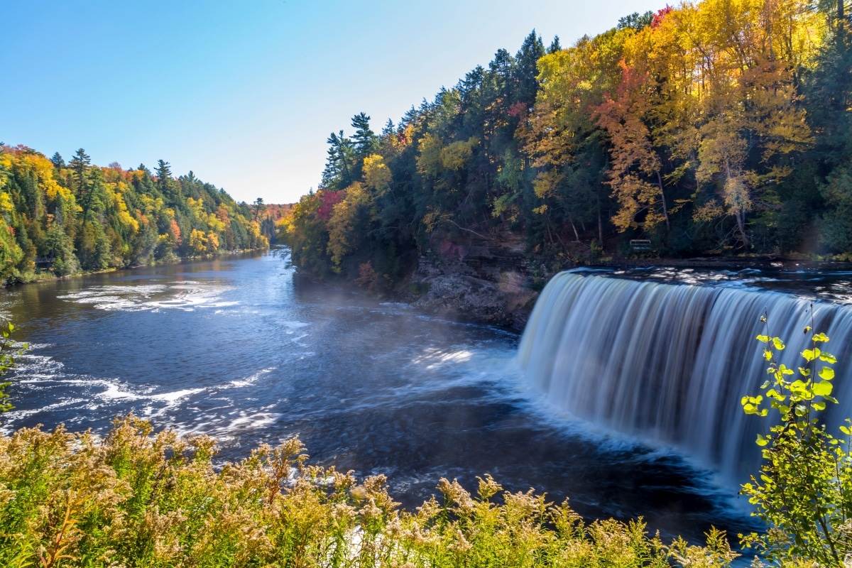 Main waterfall at Tahquamenon Falls State Park during autumn