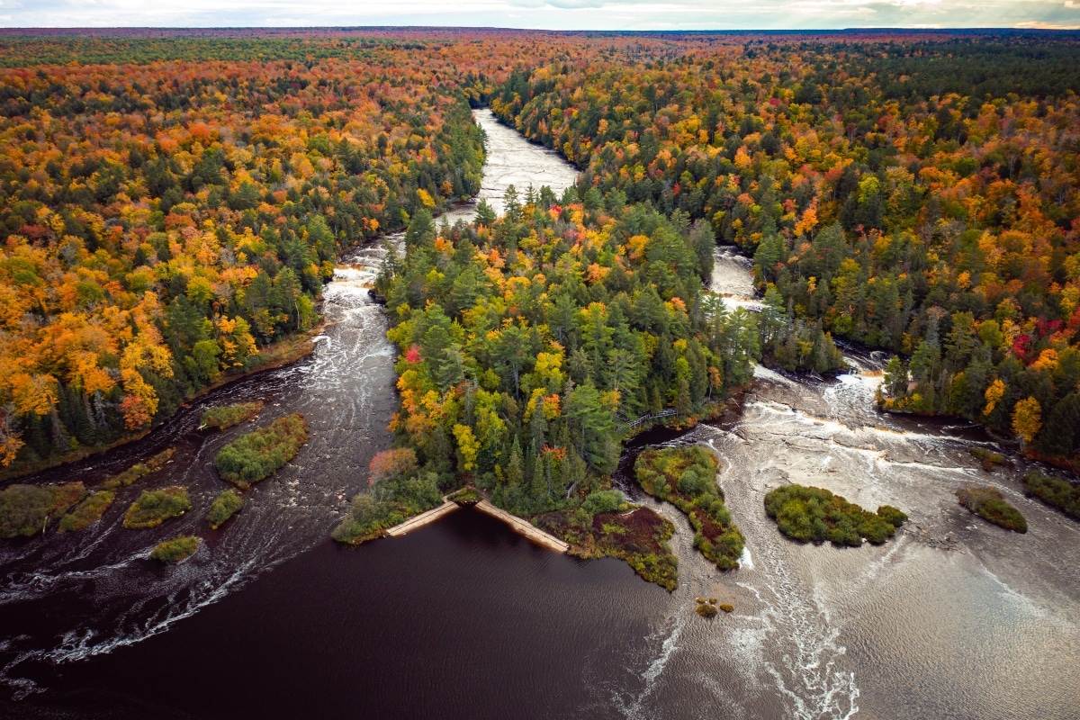 aerial photograph of cascades at Tahquamenon Falls State Park