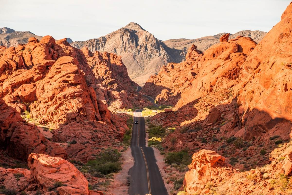 car driving on a road through Valley of Fire State Park