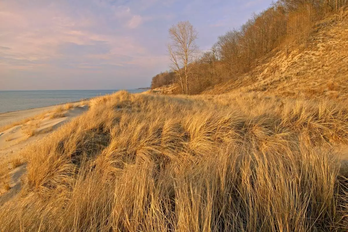 Landscape at sunset of the shoreline of Lake Michigan at Van Buren State Park, Michigan, USA
