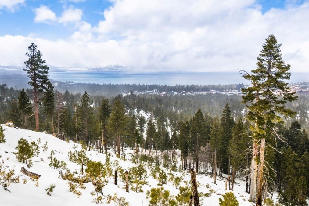 view of Lake Tahoe from Van Sickle State Park on a snowy day