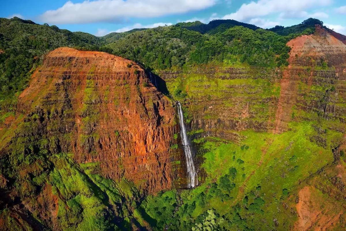 large waterfall in the distance at Waimea Canyon State Park