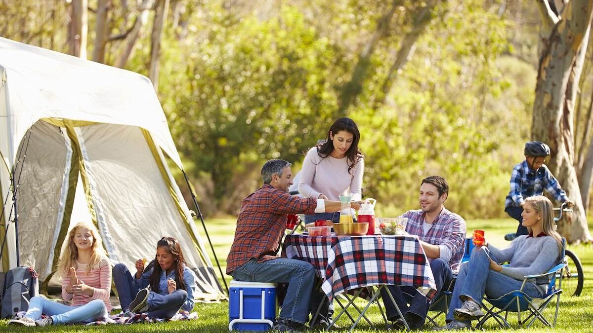 family in a tent on a camping trip