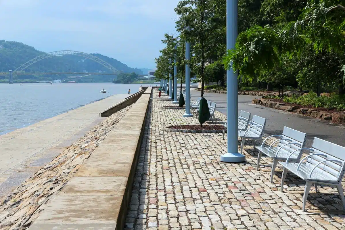park benches along the water at Point State Park