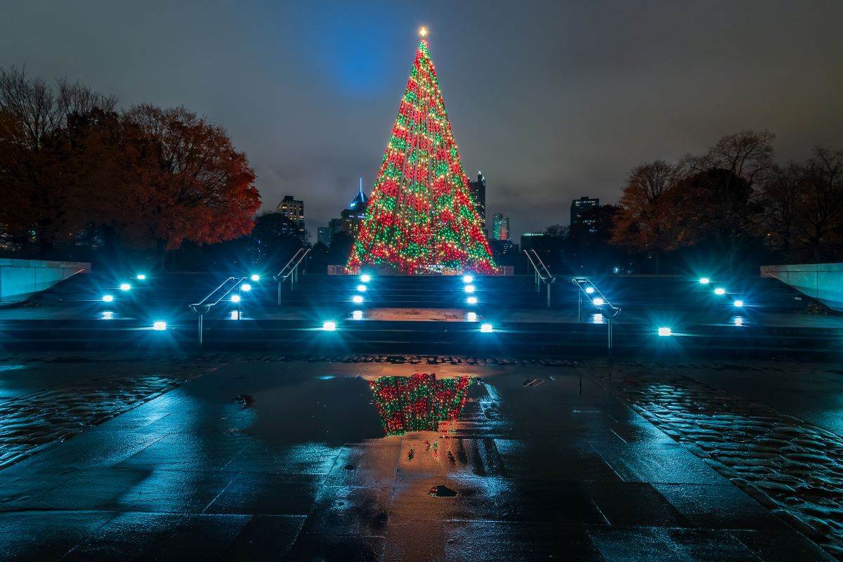 christmas tree with lights at Point State Park