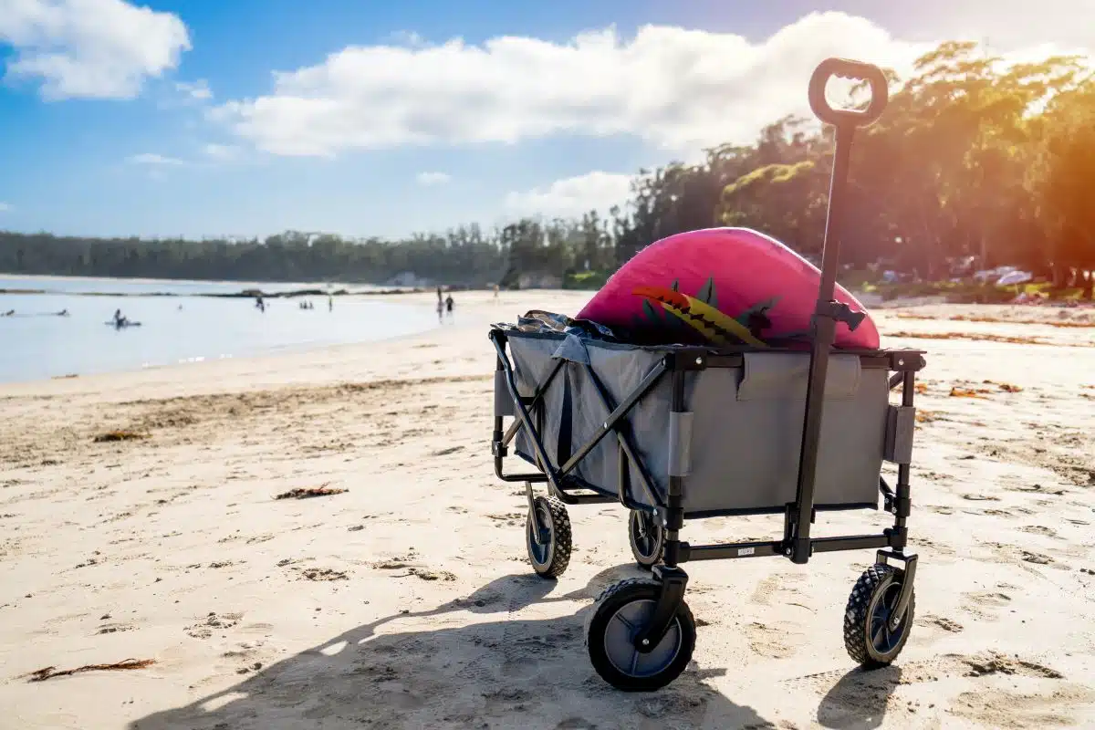 Outdoor beach cart wagon on a sandy beach near the ocean
